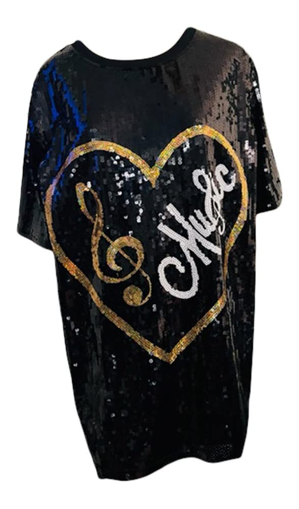 2Chique Boutique Women's Sequin T Shirt Dress Heart Music Treble Clef One Size Black Mini Dress