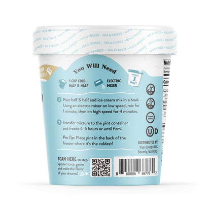 True Scoops 6-Pack Vanilla Bean Ice Cream Mix. Add One Ingredient - Half & Half! Makes 1 Pint of Premium, Homemade Ice Cream With An Electric Mixer. Made With Real Vanilla Beans. Gluten-Free, Peanut-Free, and Kosher. (141g ea)