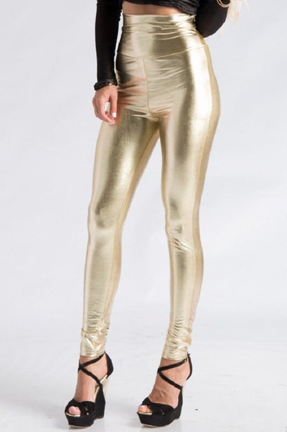 2Chique Boutique Women's Gold High Waist Faux Leather Leggings (Medium)