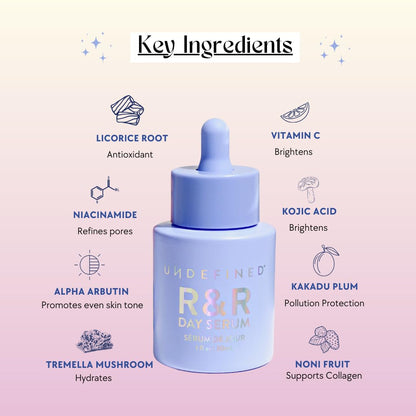 Undefined Beauty R&R Day Serum, Daily Brightening Serum infused with Vitamin C, Kojic Acid, Niacinamide, Alpha Arbutin, Licorice Root