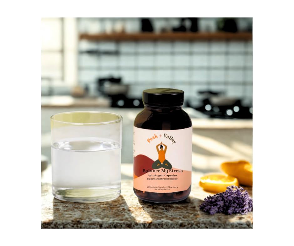 Peak + Valley Stress Relief Supplement for Mood Support Balance My Stress Capsules - Contains Adaptogens, Ashwagandha, Eleuthero Root, Reishi Mushroom Supplement - Natural Mood Stabilizer - 60 Ct