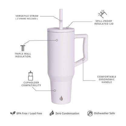 Elemental 40 oz Tumbler with Handle and Straw - Spill Proof Insulated Stainless Steel Commuter for Hot and Cold Beverages - Travel Coffee Mug with 2 Straws & Spill Proof Lid - 40oz - White