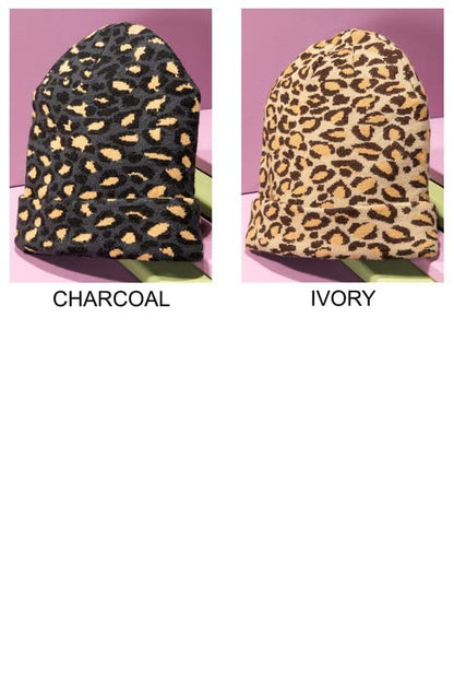 2Chique Boutique Women's Leopard Print Knit Beanie (Charcoal)