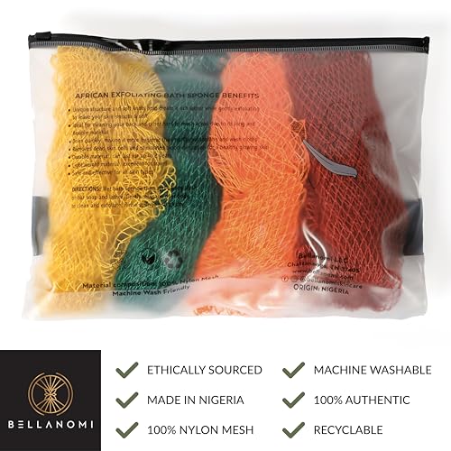 BELLANOMI 4 Piece African Exfoliating Net Sponge Long African Bath Sponge, Authentic Ethically Sourced from Nigeria, Great for Daily Use (Copper Brown, Orange, Green, Yellow)
