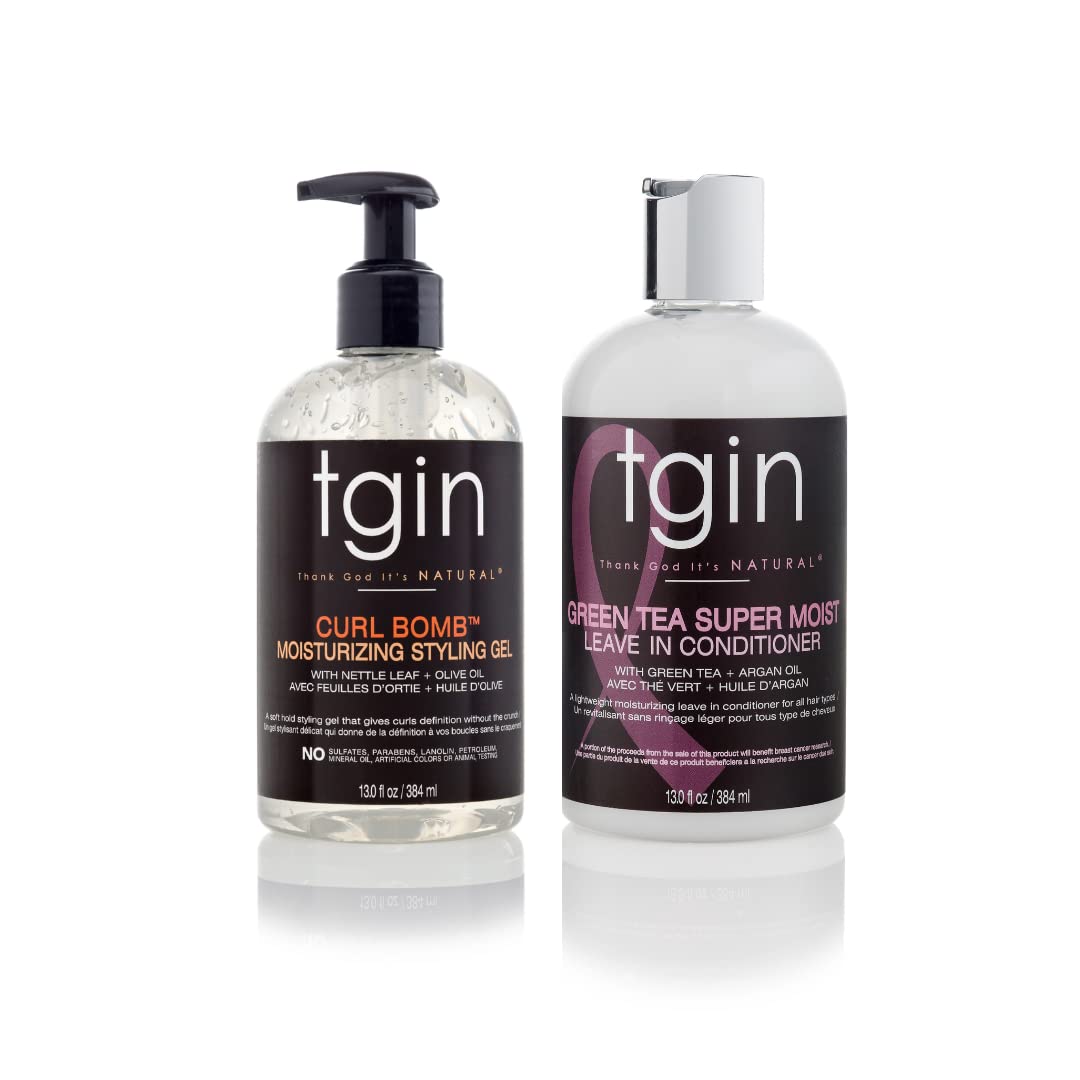 tgin Green Tea Super Moist Leave in Conditioner and Curl Bomb Moisturizing Gel - for Natural Hair - Gift Set - Curly - Dry - Moisture - Black Owned, Women Owned Business - Pack of 2-13 oz