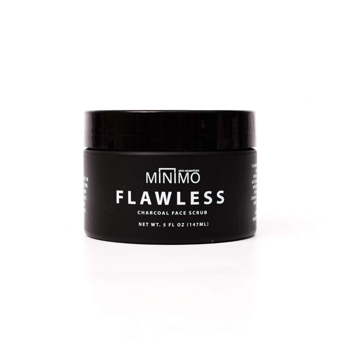 Minimo Flawless Charcoal Face Exfoliating Scrub + Applicator & Moisturizer for Bright Clear Skin Cleanse & Detox - All Natural Activated Charcoal - Fragrance Free for Sensitive Skin (5 oz)