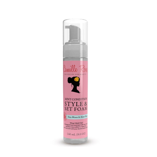 Camille Rose Mint Condition Style + Set Foam, with Aloe Vera and Sea Moss, for Extra Hold, Frizz Free Shine, and All Hair Types, 8 fl oz