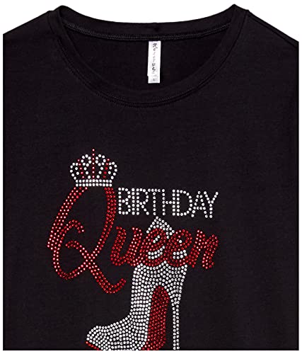 2Chique Boutique Women's Birthday Queen with Red Shoe and Crown Top Rhinestone Crew Neck T Shirt Size S-3X (Medium)