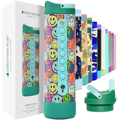Elemental Iconic Kids Water Bottle with Straw Lid & Stress Reliever Pop It Handle, Leak-Proof When Closed, Triple Insulated Stainless Steel Reusable Thermos Water Bottle, 20oz -Graffiti Smile