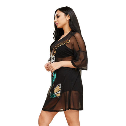 2Chique Boutique Women's Short Sleeve Black Mesh Tunic with Mermaid Sequins Design (Small)