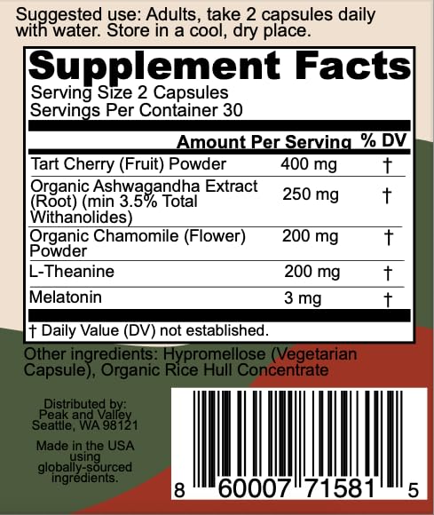 Peak + Valley Natural Sleep Aid for Adults - 60 Capsules for Deep Sleep - 3 mg Melatonin, L Theanine, Chamomile, Ashwagandha - Natural Herbal Sleeping Pills - Extra Strength Calming Sleep Aid