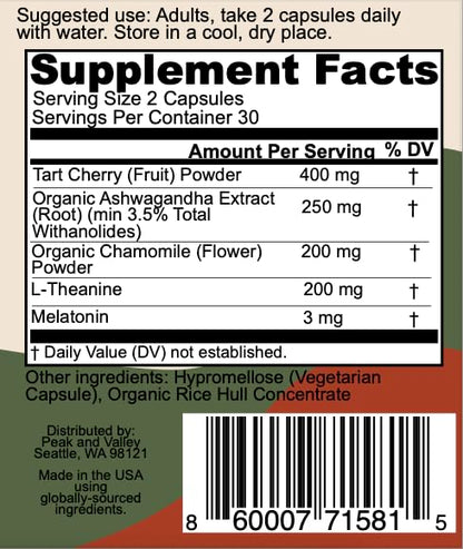 Peak + Valley Natural Sleep Aid for Adults - 60 Capsules for Deep Sleep - 3 mg Melatonin, L Theanine, Chamomile, Ashwagandha - Natural Herbal Sleeping Pills - Extra Strength Calming Sleep Aid