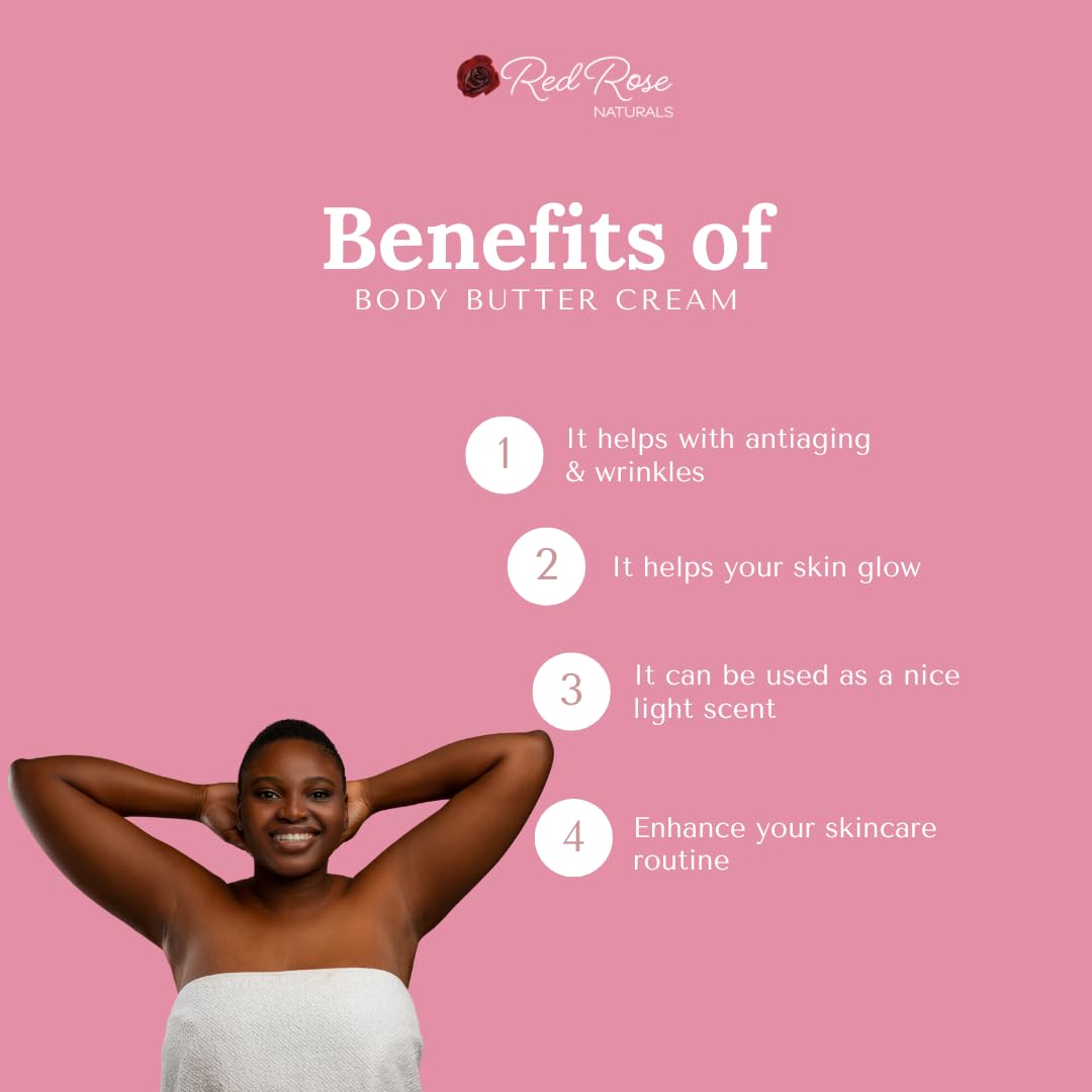 Red Rose Naturals Strawberry Body Butter Cream for Sensitive, Dry Skin, 8 oz, Non-Greasy, Smooth Creamy, Moisturizing Shea Butter- Natural Skincare for All Skin – Vegan