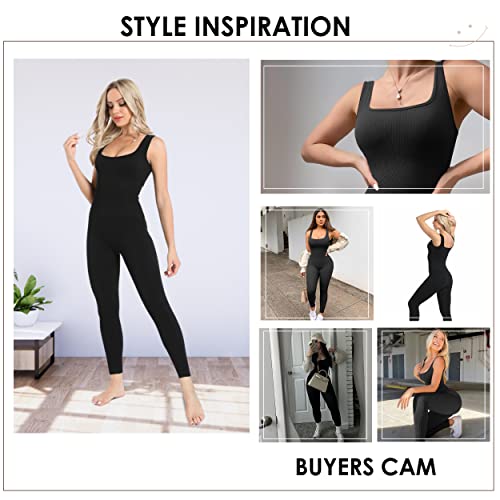 Sleeveless Ribbed Square Neck Jumpsuits for Women Tummy Control | One-Piece Shapewear Workout Rompers (Small)