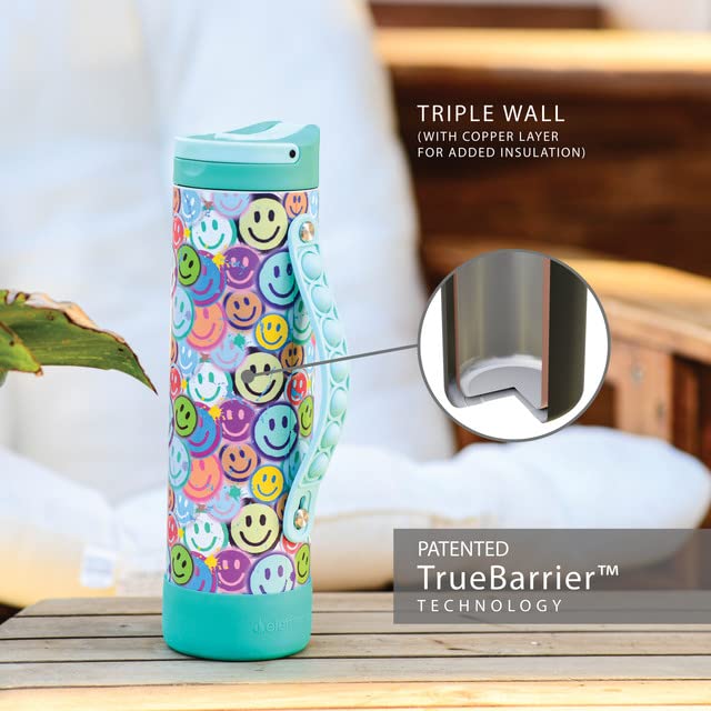 Elemental Iconic Kids Water Bottle with Straw Lid & Stress Reliever Pop It Handle, Leak-Proof When Closed, Triple Insulated Stainless Steel Reusable Thermos Water Bottle, 20oz -Graffiti Smile