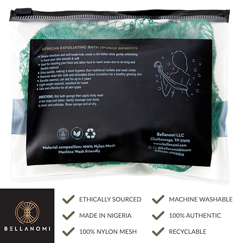 Bellanomi African Exfoliating Net Sponge, Authentic, Ethically sourced from Nigeria, 45 inches Long, Back Scrubber for Daily use (Emerald Green)