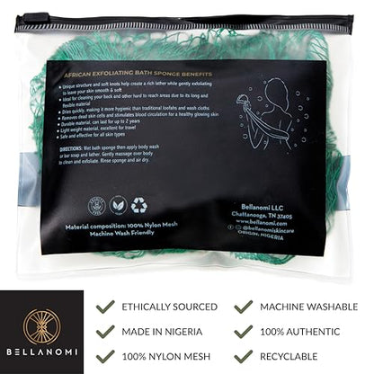 Bellanomi African Exfoliating Net Sponge, Authentic, Ethically sourced from Nigeria, 45 inches Long, Back Scrubber for Daily use (Emerald Green)
