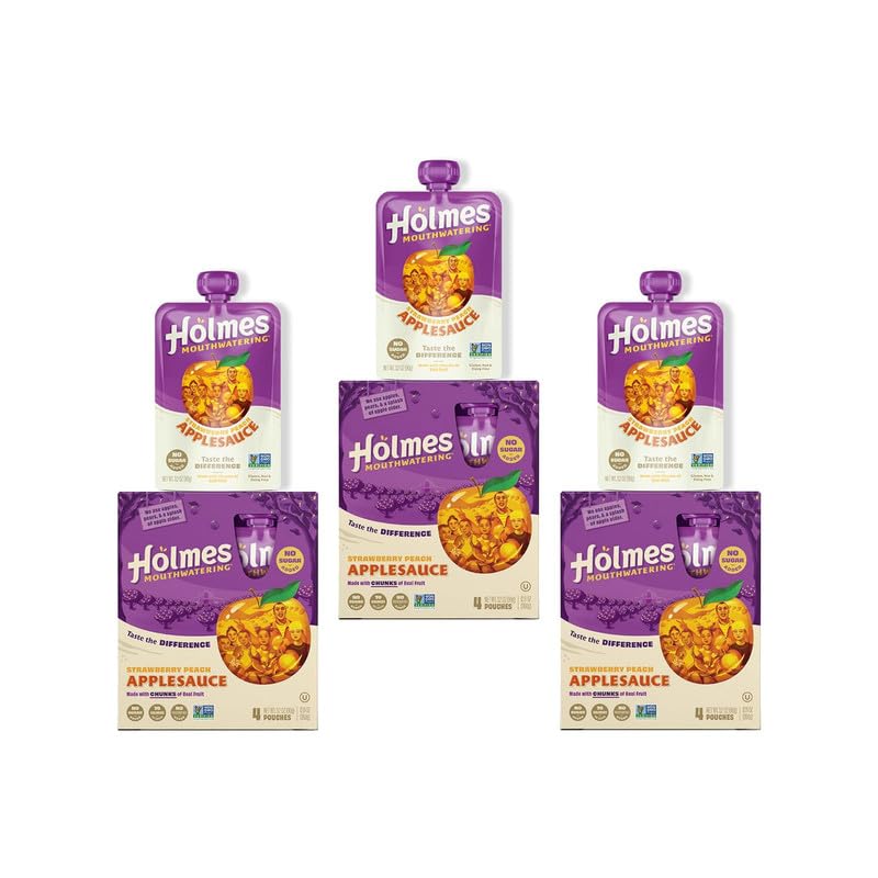 Holmes Mouthwatering Applesauce, Applesauce Squeeze Pouch, Organic Strawberry Applesauce Pouches with Real Chunks of Fruit, No Artificial Flavors Fruit Snack (Strawberry Peach, 12 Pack of 3.2 oz)