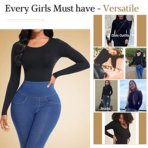 Seamless Shapewear Bodysuit for Women - Fits Everybody Long Sleeve Crew Neck bodyshaper Thong Body Shaping Sculpting Top