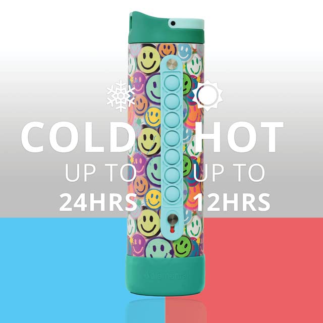 Elemental Iconic Kids Water Bottle with Straw Lid & Stress Reliever Pop It Handle, Leak-Proof When Closed, Triple Insulated Stainless Steel Reusable Thermos Water Bottle, 20oz -Graffiti Smile