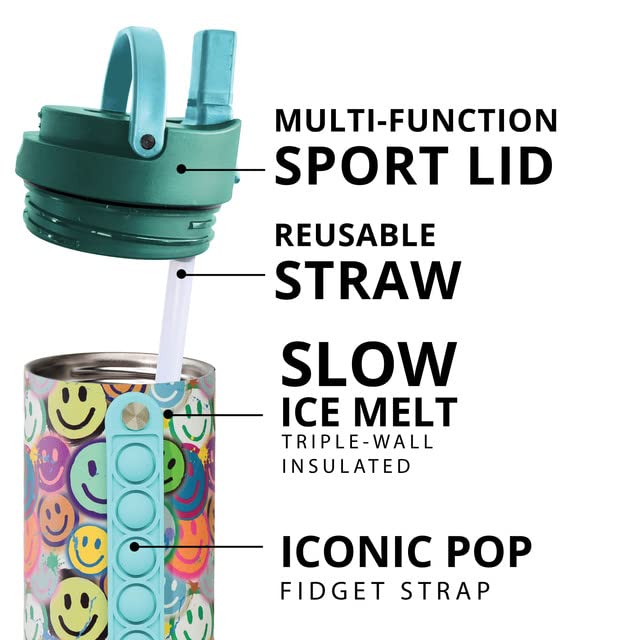 Elemental Iconic Kids Water Bottle with Straw Lid & Stress Reliever Pop It Handle, Leak-Proof When Closed, Triple Insulated Stainless Steel Reusable Thermos Water Bottle, 20oz -Graffiti Smile