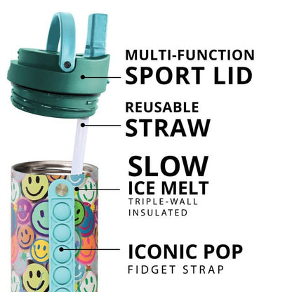 Elemental Iconic Kids Water Bottle with Straw Lid & Stress Reliever Pop It Handle, Leak-Proof When Closed, Triple Insulated Stainless Steel Reusable Thermos Water Bottle, 20oz -Graffiti Smile