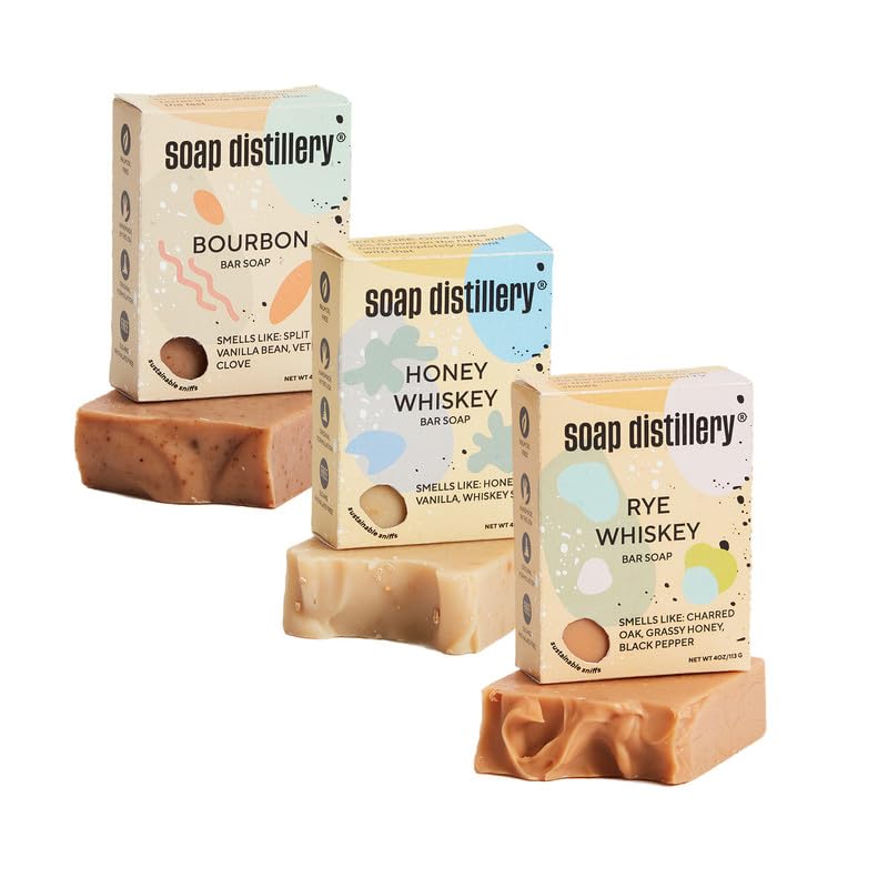 Soap Distillery Whiskey Lovers Three Soap Pack - Soap for Men and Women - Sweet and Spicy - Soap Gift Set - Woody, Oak Barrel, Vanilla, Cedarwood Fragrance