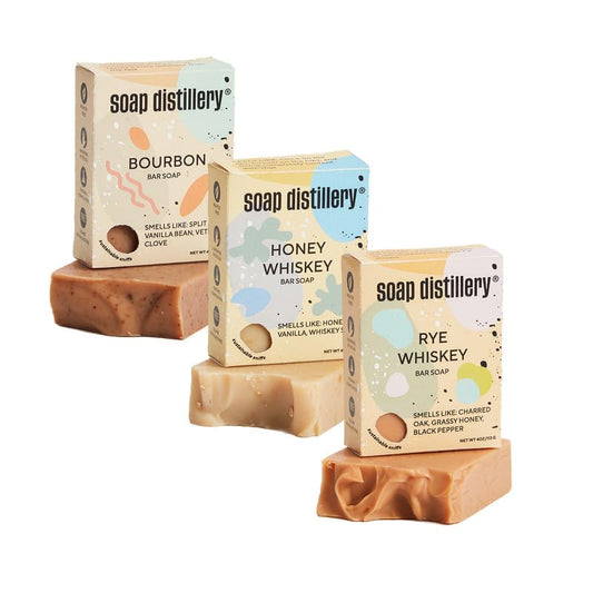 Soap Distillery Whiskey Lovers Three Soap Pack - Soap for Men and Women - Sweet and Spicy - Soap Gift Set - Woody, Oak Barrel, Vanilla, Cedarwood Fragrance