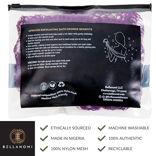 Bellanomi African Exfoliating Net Sponge, Authentic, Ethically sourced from Nigeria, 45 inches Long, Back Scrubber for Daily use (Indigo)