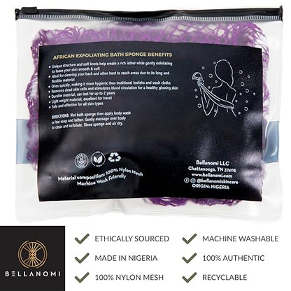 Bellanomi African Exfoliating Net Sponge, Authentic, Ethically sourced from Nigeria, 45 inches Long, Back Scrubber for Daily use (Indigo)