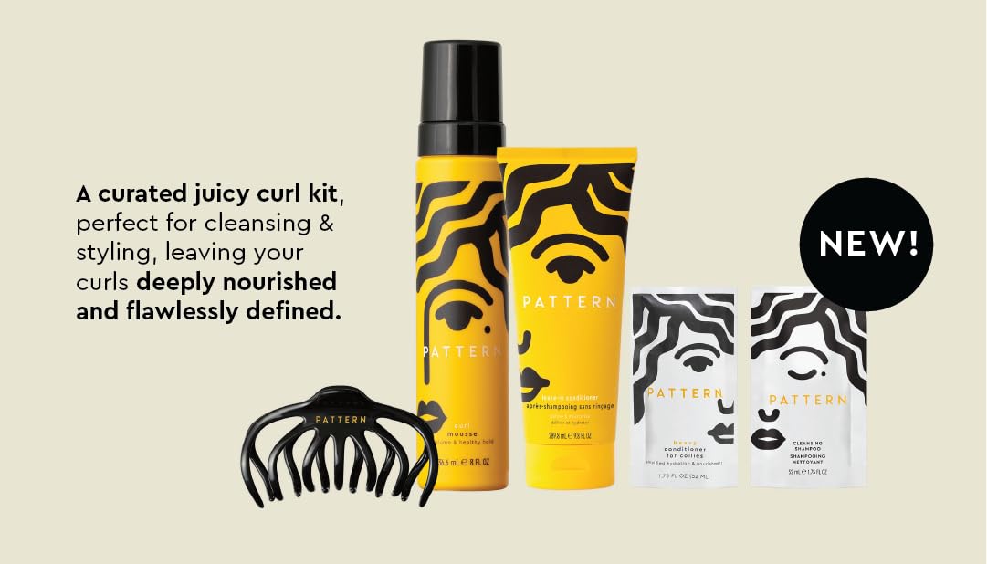 PATTERN Beauty By Tracee Ellis Ross Juicy Curl Kit in cludes full size Curl Mousse, Leave-In Conditioner, & our Hair Clip. Enjoy 2 free packettes of the Cleansing Shampoo & Heavy Conditioner