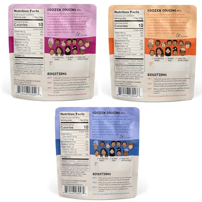 A Dozen Cousins Entrée Seasoning Sauce - Coat and Cook, for Chicken Seasoning, BBQ, Protein, Marinade & More - 6 Count Variety Pack - Jamaican Jerk, Peruvian Pollo, Mexican Pollo Asado