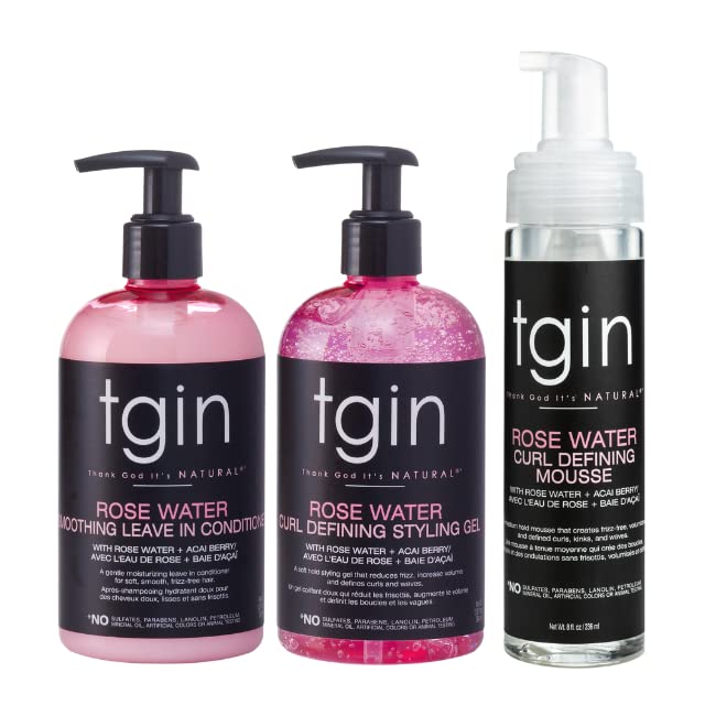 tgin The Styling Package: Rose Water Leave In Conditioner, Defining Gel and Mousse - Gift Set - Curls - Color safe - Wavy - Detangle - Low Porosity Hair - Fine Hair - Styling Products