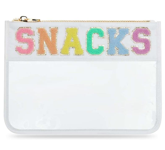 Sage Nation Chenille Letter Snack Pouch - PVC and Nylon Clear Snack Bag for Travel and Organization, Glitter Travel Bag With Zipper For Women and Children, White Snacks Bag, Chenille Letter Bag