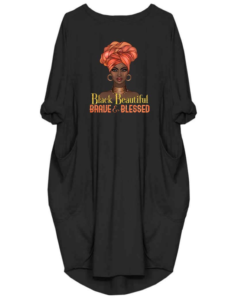 WbJetr Women's Long Sleeve Pocket Dress Black Woman Afro Brave Blessed Tunic Tops