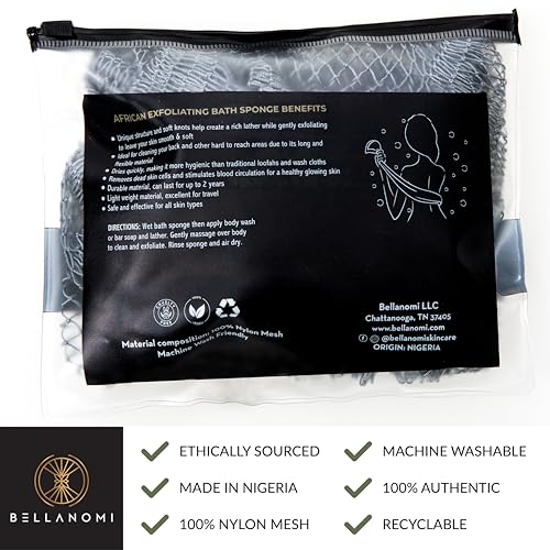 BELLANOMI African Exfoliating Net Sponge, Authentic, Ethically sourced from Nigeria, 45 inches Long, Back Scrubber for Daily use (Slate)