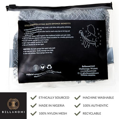 BELLANOMI African Exfoliating Net Sponge, Authentic, Ethically sourced from Nigeria, 45 inches Long, Back Scrubber for Daily use (Slate)