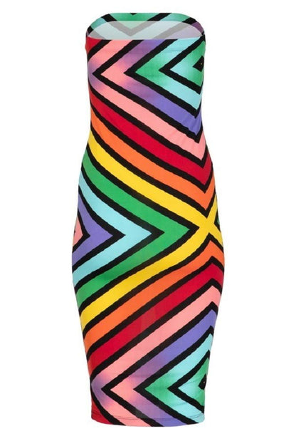 2Chique Boutique Women's Printed Tube Midi Length Dress (Small, Rainbow Color Block Print)