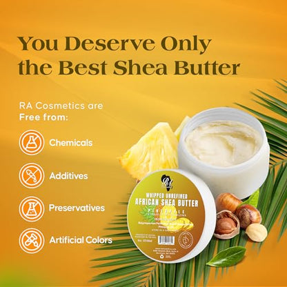 RA COSMETICS Whipped Shea Butter Pineapple - 6oz | 100% Pure & Natural African Shea Butter for Men & Women - Ultimate Handcrafted Moisturizer with Essential Vitamins for Radiant Skin