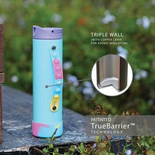 Elemental Iconic Kids Water Bottle with Straw Lid & Stress Reliever Pop It Handle, Leak-Proof When Closed, Triple Insulated Stainless Steel Reusable Thermos Water Bottle, 20oz - Blue Tie Dye