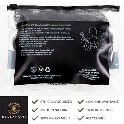BELLANOMI African Exfoliating Net Sponge, Authentic, Ethically sourced from Nigeria, 45 inches Long, Back Scrubber for Daily use (Black)