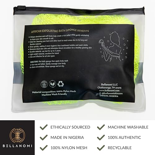 BELLANOMI African Exfoliating Net Sponge, Authentic, Ethically sourced from Nigeria, 45 inches Long, Back Scrubber for Daily use (Lemon)