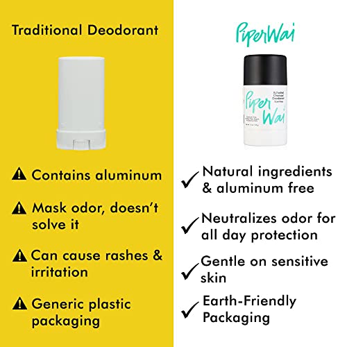 PiperWai Natural Deodorant w/ Activated Charcoal | 24-Hour Sweat Protection, Vegan, Aluminum Free Deodorant for Women & Men | Travel Essential Shark Tank Product | 50g Unscented Stick