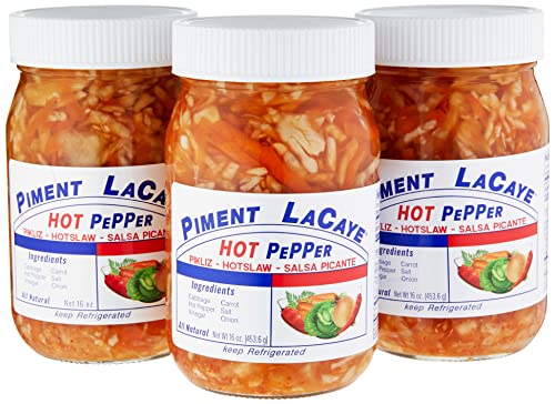 Piment Lacaye, Chris Food & Products Authentic Haitian Pikliz. 3 16oz Glass Jar, Hot slaw, Food Dressing, Relish, Picante, Pickled Salad, Haitian Caribbean Food,Pikliz, Salsa, Vegan and Keto Friendly, Fresh Made