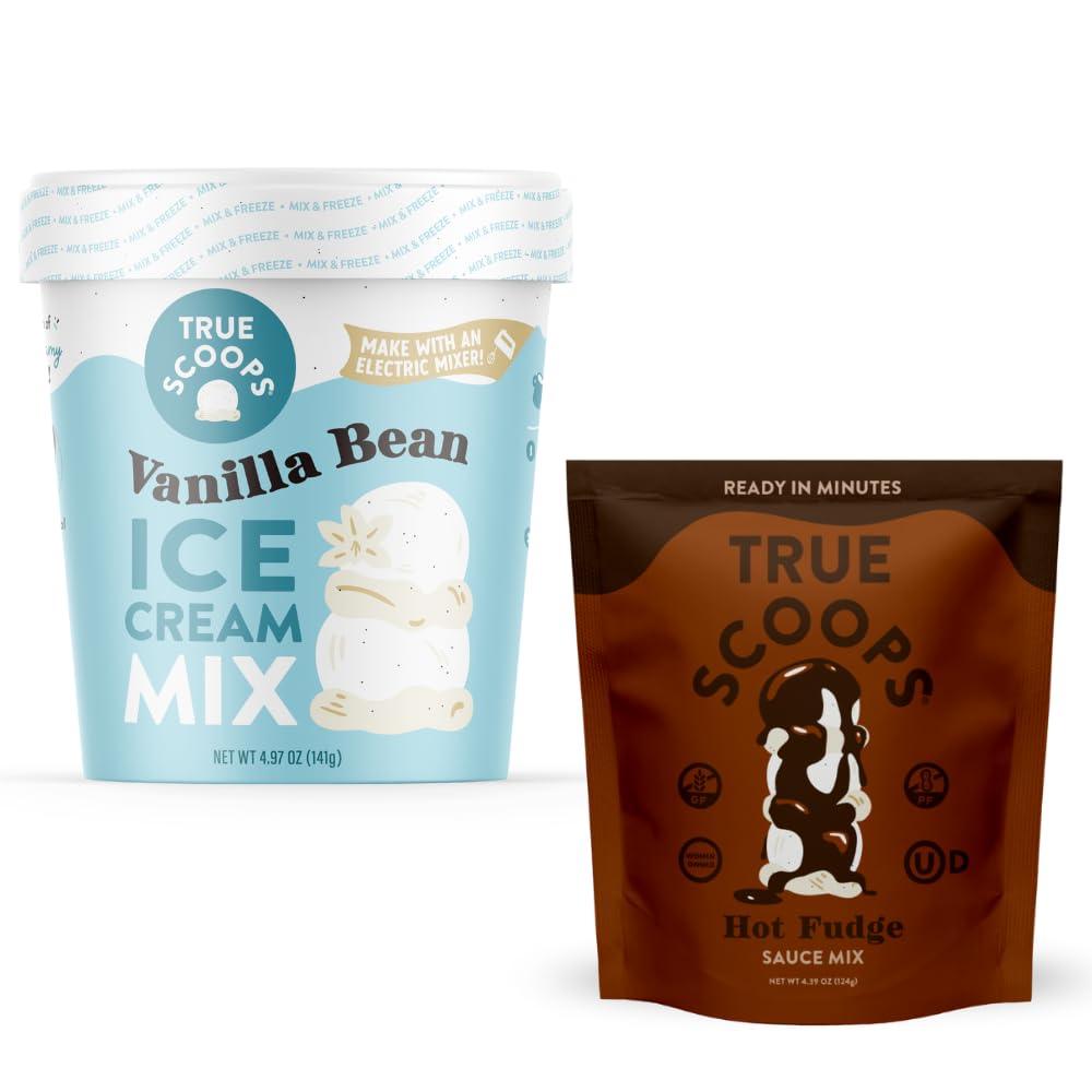 True Scoops Beginner's Pack - Vanilla Bean Ice Cream Mix & Hot Fudge Sauce Mix. Makes 1 Pint of Homemade Ice Cream And 1 Cup of Sauce. Women-Owned, Gluten-Free, Peanut-Free, and Kosher.