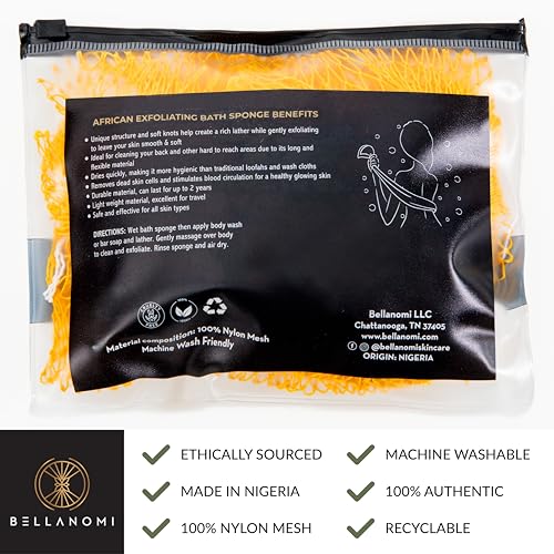 BELLANOMI African Exfoliating Net Sponge, Authentic, Ethically sourced from Nigeria, 45 inches Long, Back Scrubber for Daily use (Yellow)