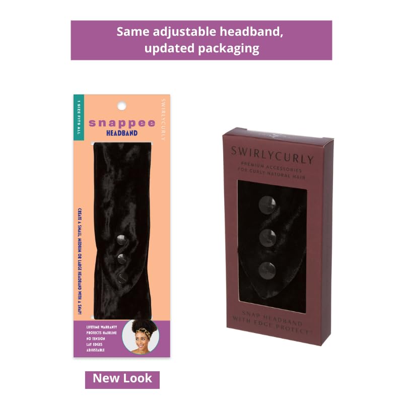 SWIRLYCURLY Women’s Fashion Headband for Thick, Natural, Curly Hair | No-Slip, 3-Snap, Adjustable, Washable, Turban Headwrap (1 Pack, Black Velvet)