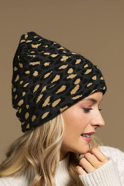 2Chique Boutique Women's Leopard Print Knit Beanie (Charcoal)
