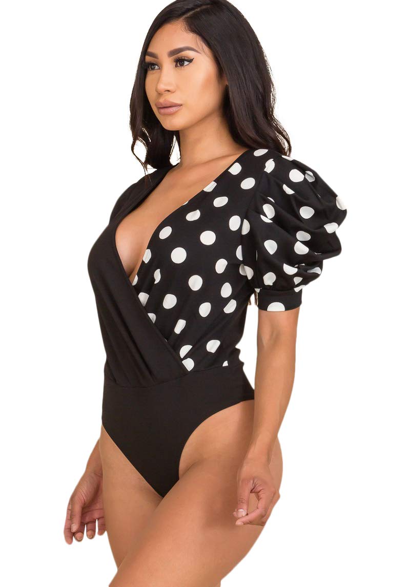 2Chique Boutique Women;s Solid Techno Crepe Fabric and Polka Dot Combi Puff Sleeve Wrap Bodysuit (small)