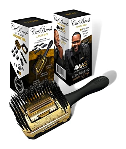 4MAS Self-Grooming Hair and Beard Cutting Hairbrush, (CutBrush Black and Gold Mod 3) 5 Comb Attachments and Charging Cable Included